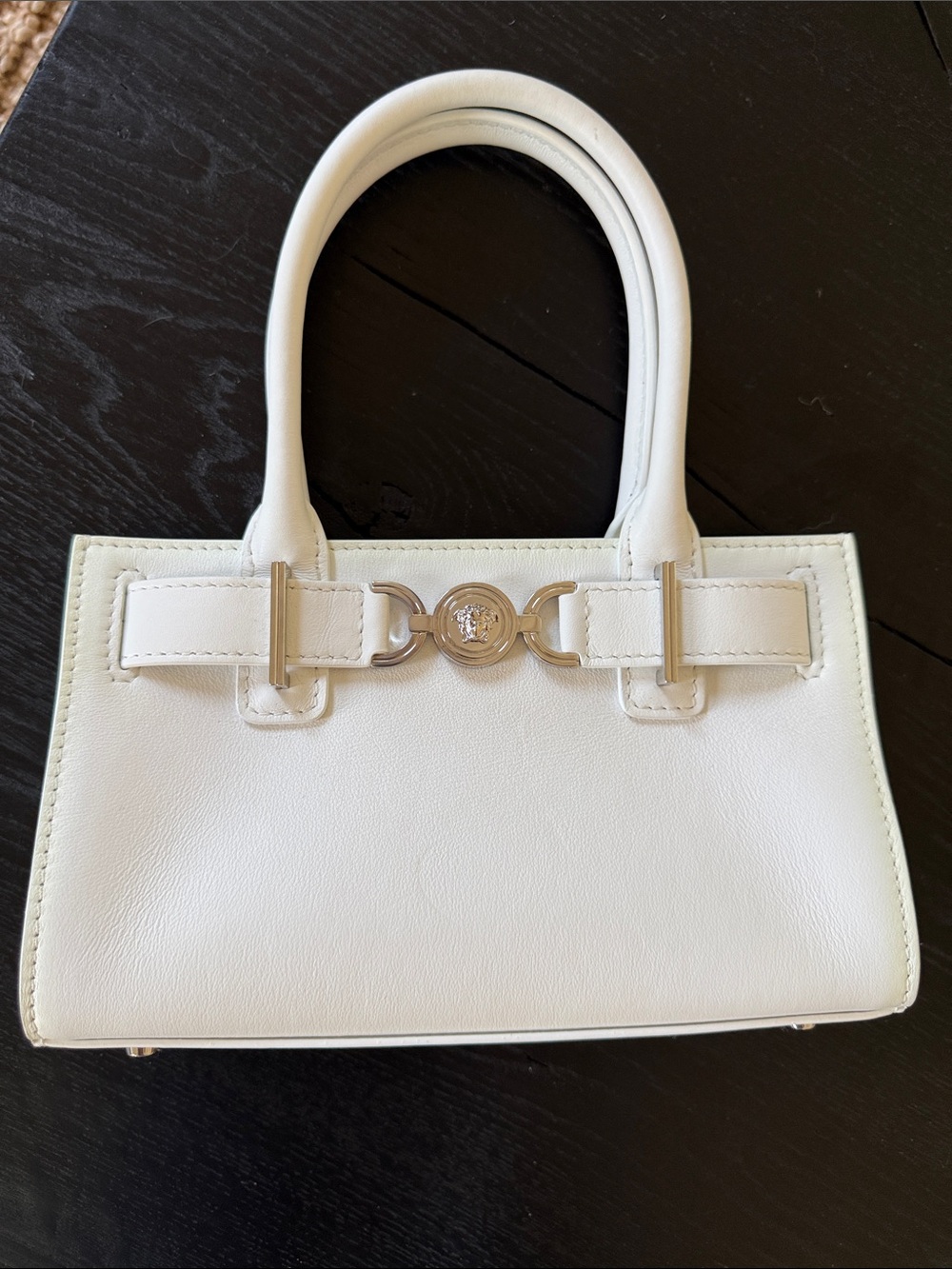 Versace White Leather Mini Top-Handle Bag with Silver Medallion